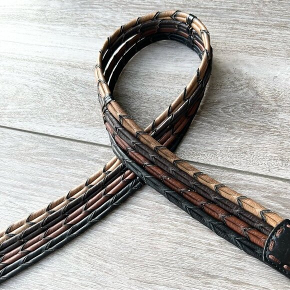 VINTAGE BRIGHTON BROWN BLACK TAN CAMEL BRAIDED LEATHER WESTERN BELT - Picture 9 of 14